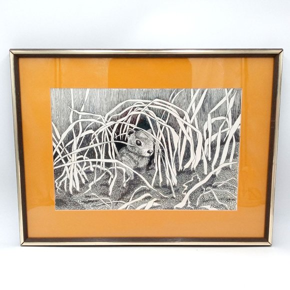 Chipmunk Wall Art Framed Groundhog Pen And Ink Drawing Signed 20 x 15 Cute Anima - Picture 4 of 10